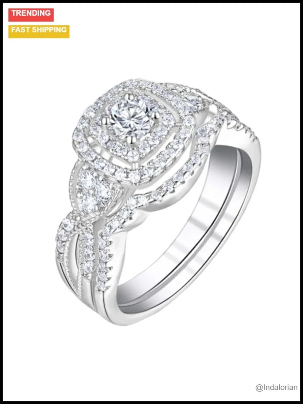 Halo Wedding Ring Set White Gold Silver Plated Cubic Zirconia Bridal Rings